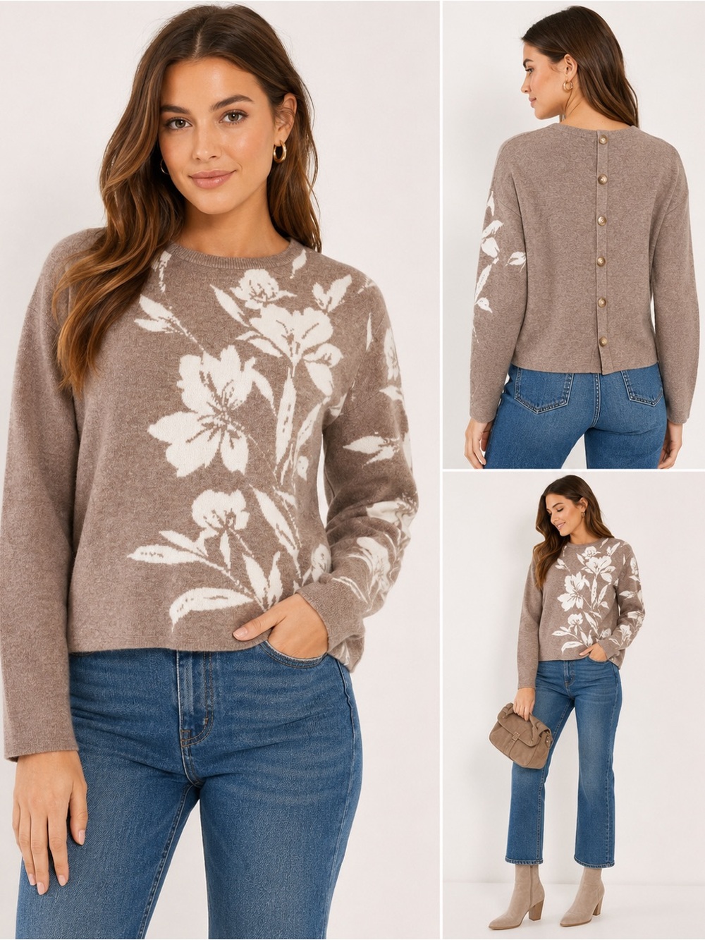 Joie Floral Button Back Sweater‎ Taupe Ivory Size S NWT Fall Fashion